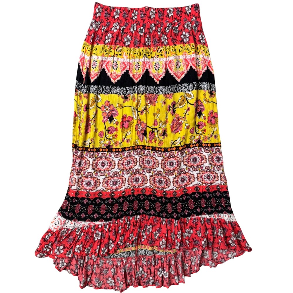BOHO Patchwork Tiered‎ High Low Maxi Skirt Floral Ruffle Peasant Gypsy Size XS